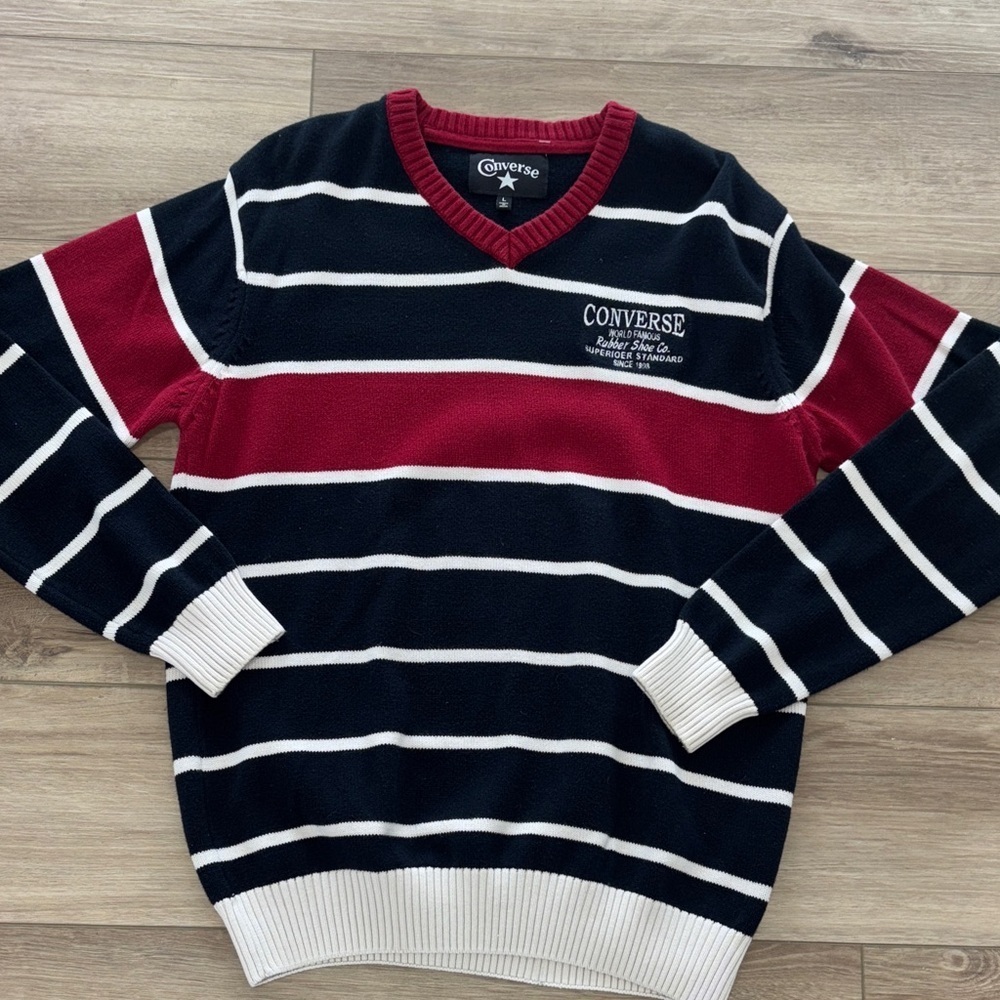Vintage Converse Men's V-Neck Sweater - navy , Red, and White size large